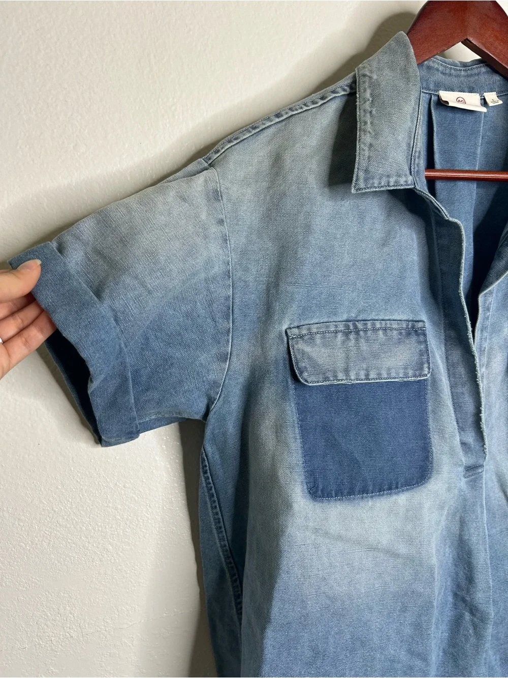 AG 100% Cotton Two Tone Denim Distressed Oversized Boxy Fit Popover Top - Picture 7 of 12